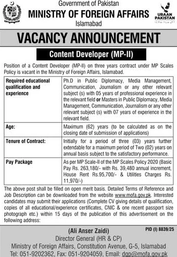 Ministry of Foreign Affairs Jobs 2026 for Content Developers