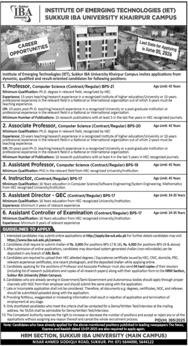 Sukkur IBA University Jobs 2026 | IBA Khairpur Campus Jobs